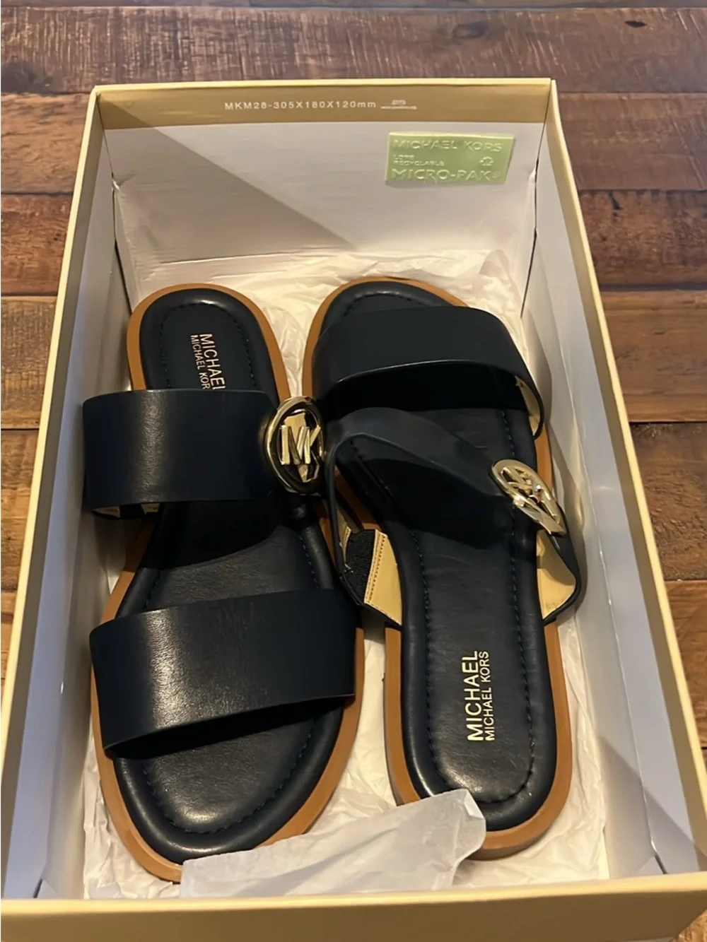 Michael Kors Navy Leather Slide Sandals with Gold Logo size 8.5